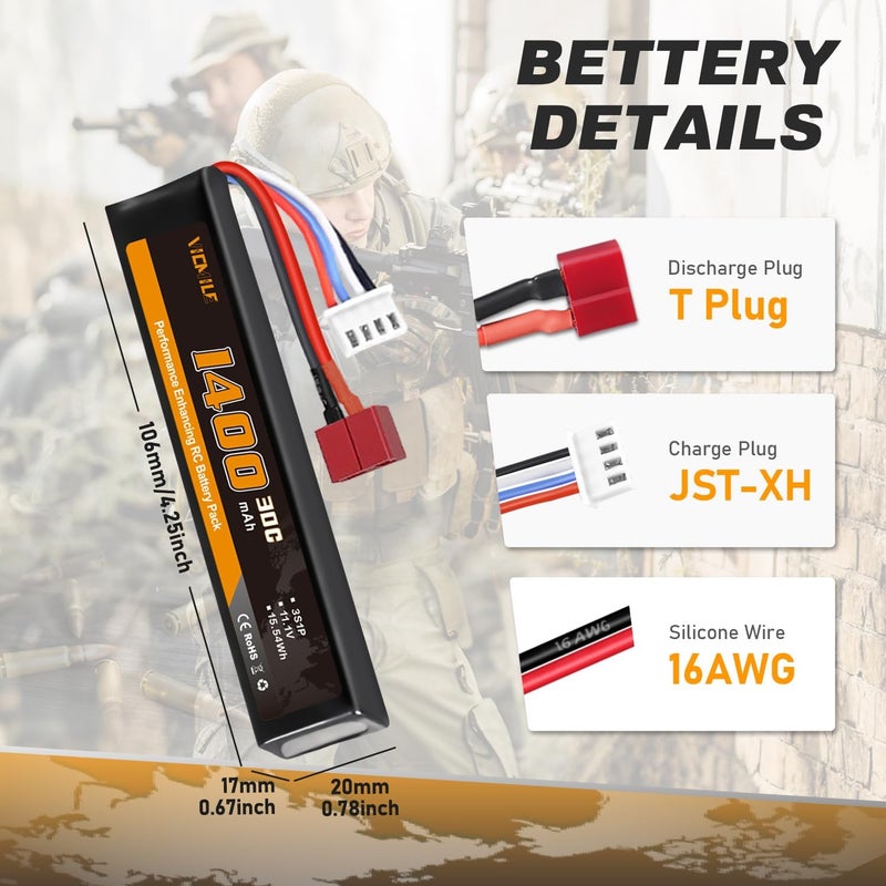 VICMILE 3S Airsoft Battery 30C 11.1V 1400mAh Dean-Style T Plug with 11.1V USB Charger Fit for Most Airsoft Model Guns Gel Water Bead Blaster - Image 3